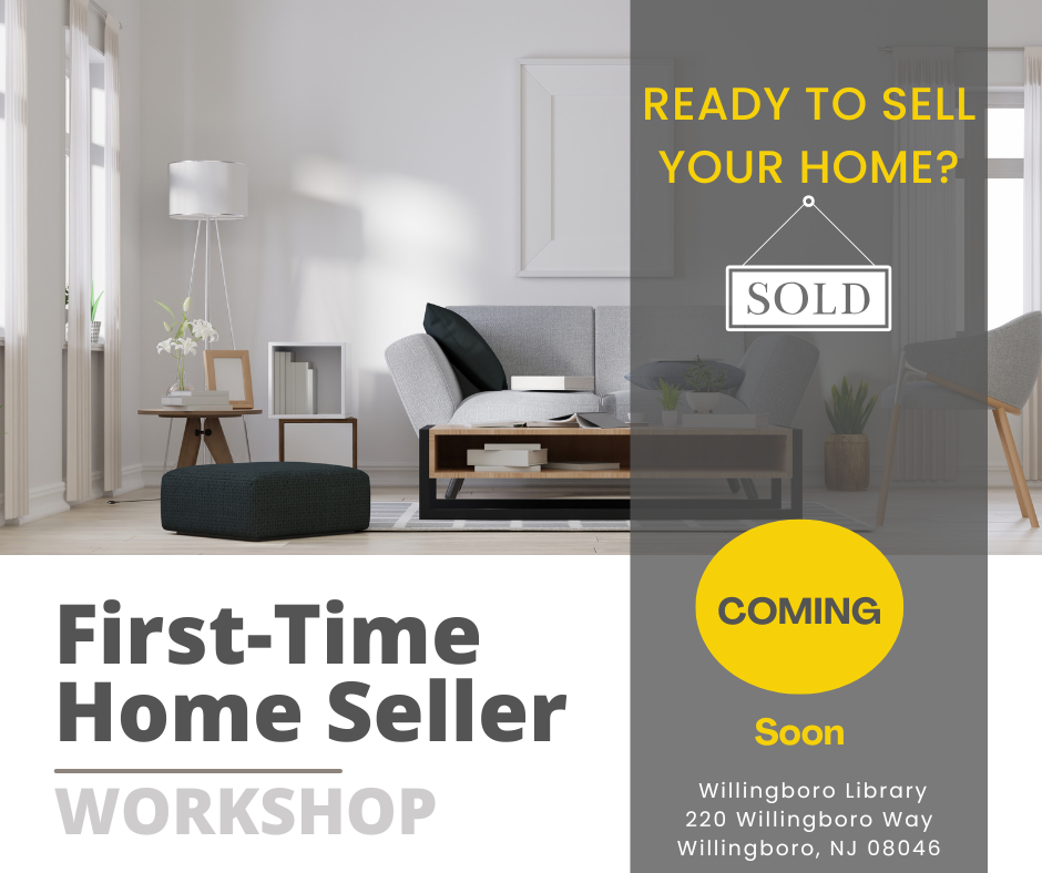 First-Time Home Seller Workshop promotional graphic featuring a modern living room with text overlay announcing an upcoming event at Willingboro Library, NJ.